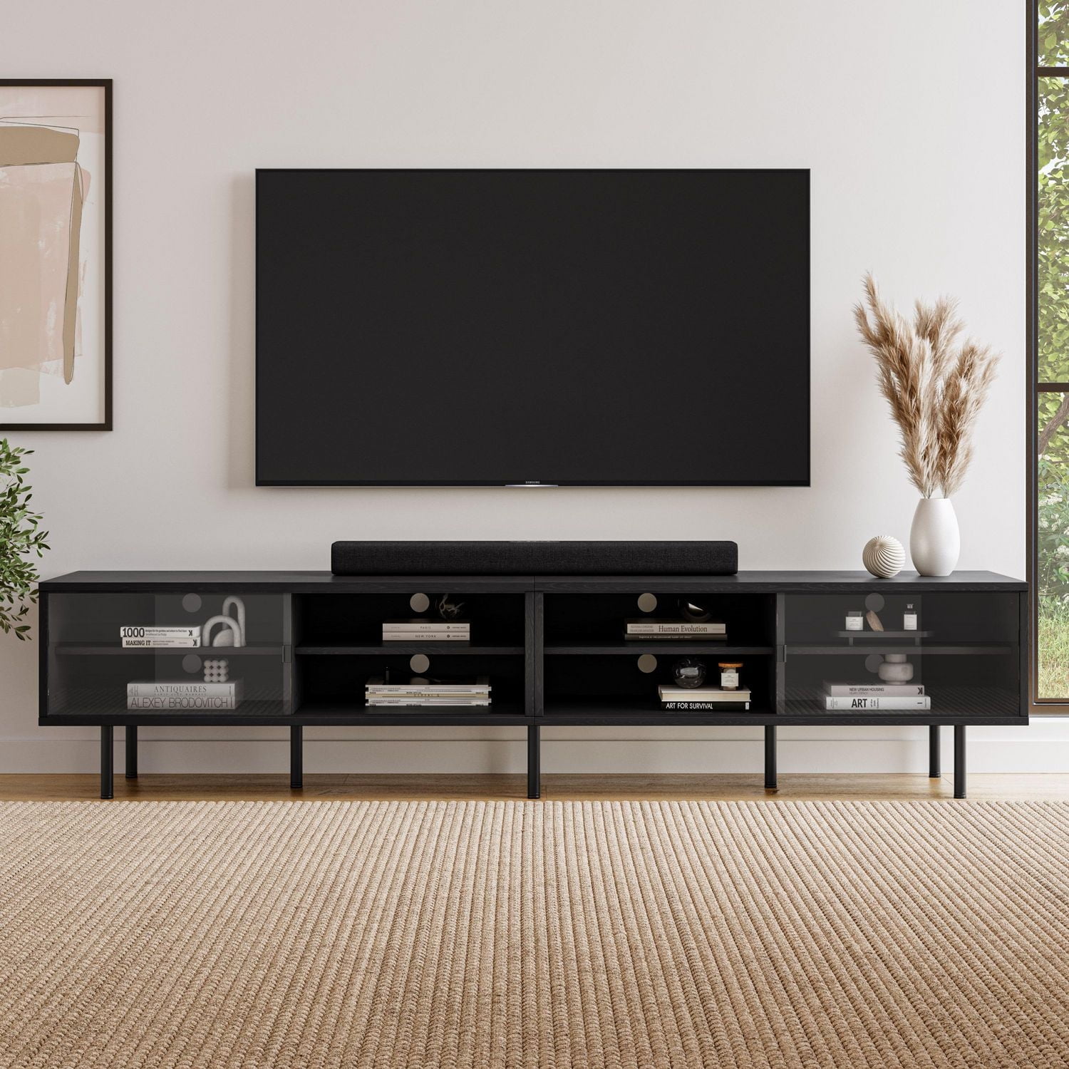 Meuble TV modulaire extra-long CorLiving Fresco en bois d'ingénierie noir avec portes vitrées pour téléviseurs jusqu'à 110p