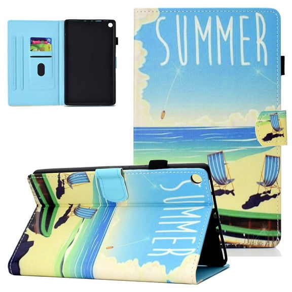 Fire HD 8 Case 2018/2017/2016, Allytech Slim Fit Kickstand Folio PU Leather Smart Cover with Auto Sleep Wake Feature Cards Slots Wallet Case Cover for Amazon Kindle Fire HD 8 8" Tablet, Summer Beach