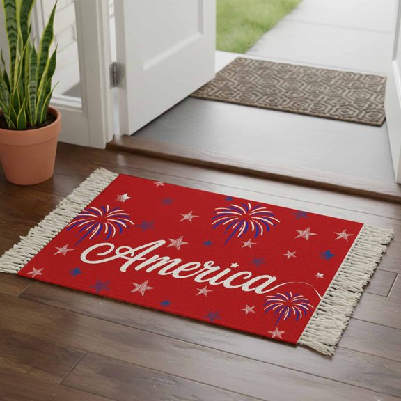 Kitchen Runner Rugs, Patriotic Firework on Red 2'x3' Throw Rug with Tassels, America Blue White Star Washable Soft Floor Carpet Runner for Hallway Bedroom Bathroom Laundry Room