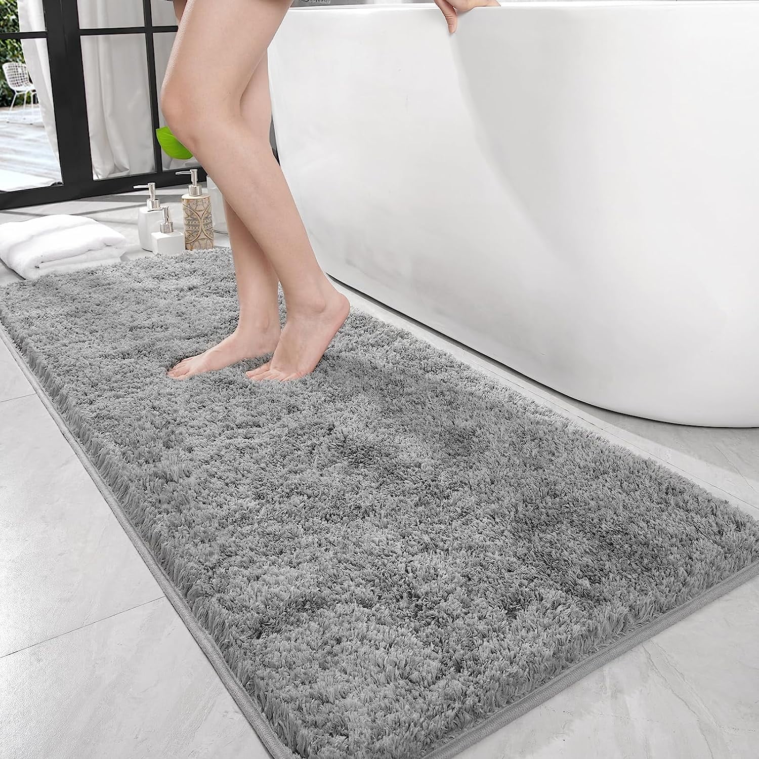 Large Gray Bathroom Rugs, 24×60 Absorbent Shaggy Shower Mat, Microfiber  Bath Mats for Bathroom, Luxury Bathroom Floor Mats Rubber Back