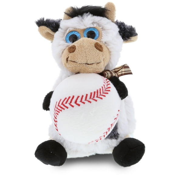 DolliBu Cow Stuffed Animal with Baseball Plush - Soft Huggable Cow, Adorable Playtime Sitting Cow Plush Toy, Cute Farm Animal Gift, Baseball Plush Doll Animal Toy for Kids and Adults - 7 Inch