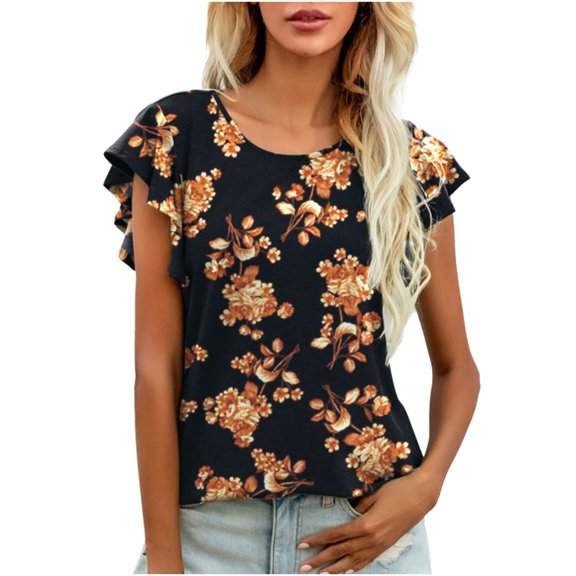 OAVQHLG3B Fashion Womens Summer Tops Ruffle Short Sleeve Floral Camouflage Loose Fit Crewneck T-shirts Casual Tees Tunic Blouse