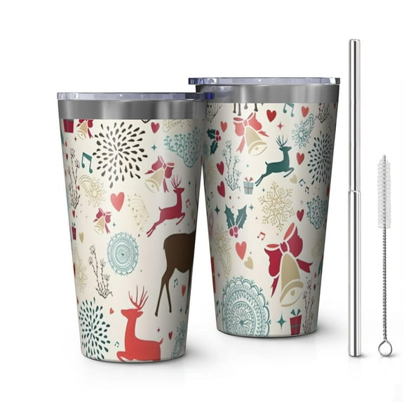 16oz Tumblers Multicolor Christmas Deer Pattern Stainless Steel Vacuum Insulated Double Wall Travel Tumbler Cups Mug with Lid and Straw,Cleaning Brush for Coffee,Tea