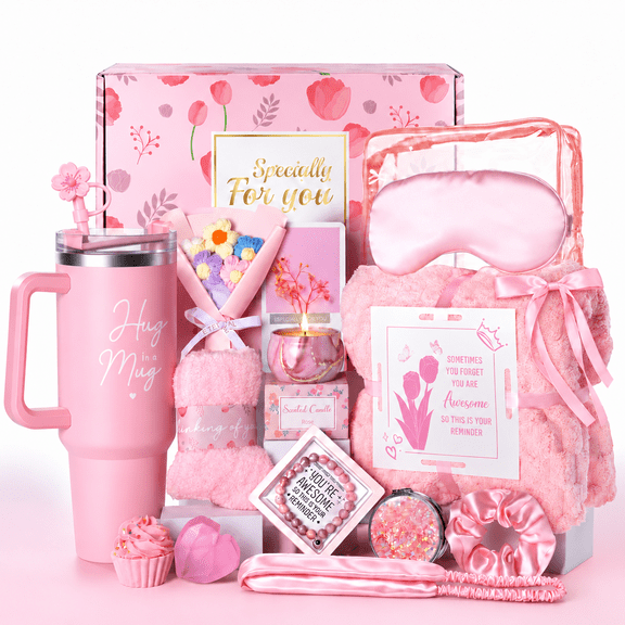 Vonieion 17Pcs Birthday Gifts for Women,Relaxing Spa Basket with 40 oz Tumbler,Headband and Flannel Blanket,Care Gifts Set for Her Mom Sister Best Friend Wife,Mother's Day,Christmas Gifts,Pink