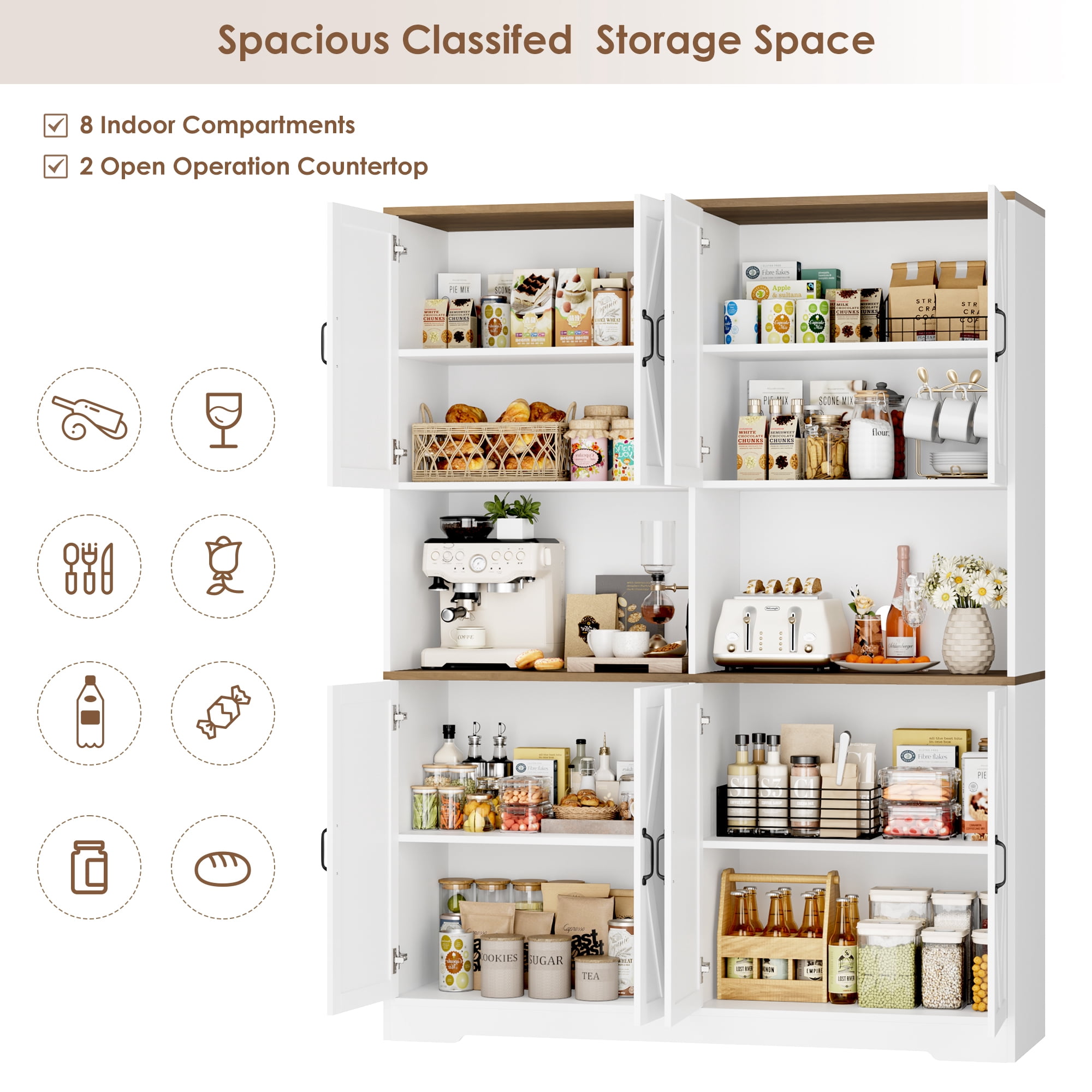 Homfa 71'' Tall Pantry Cabinet with Hutch, Large Kitchen Storage Cabinet with Microwave Stand & Doors for Dining Room Living Room, White