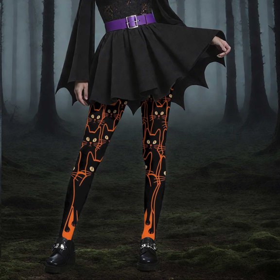 Uaswgudfs Halloween Legging Pants for Women 2025 Fashion and Cat Printed Trouser Elastic Waist Workout Jogger Yoga Pant Orange 2XL