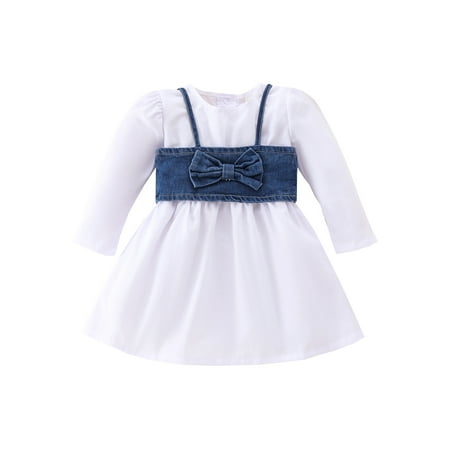 

Sunisery Toddler Kids Baby Girls Long Sleeve Solid Knee High Dress Strap Bow Denim Vest 2PCS Outfits Clothes White 2-3 Years