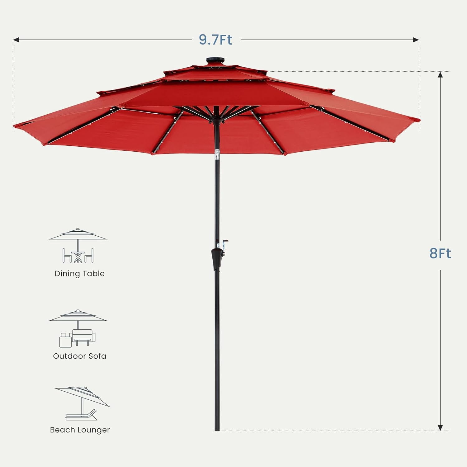 JIOABL 10FT Solar Patio Umbrella with 32 LED Lights, Tilt and Vent, 8 Ribs for Garden, Deck, Patio, Red
