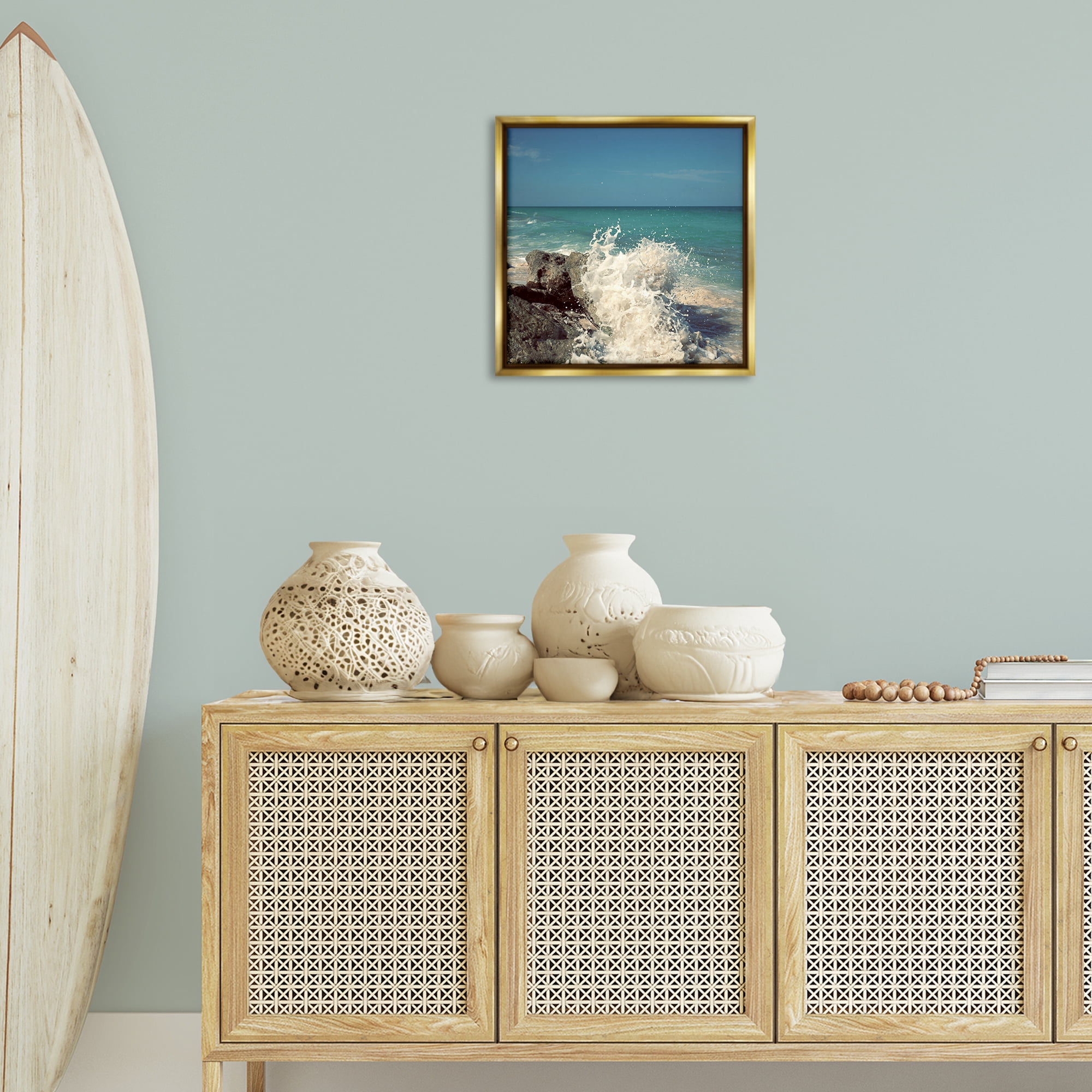 Stupell Industries Splashing Beach Spray Coastal Photography Gold Floater Framed Canvas Art Print Wall Art, 18 x 18