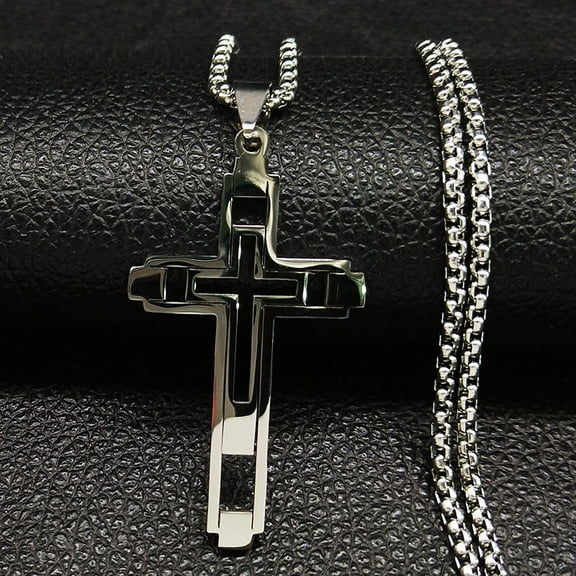 Fashion Cross 14K White Gold Statement Necklace for Men Silver Color Necklaces Pendants Jewelry acero inoxidable