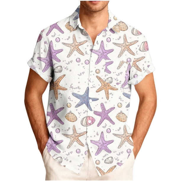 Mens Casual de Manga Corta Botón Abajo Camisas Turndown Cuello Impreso Blusa de Verano Superior, Pantalones para Hombres Cortos