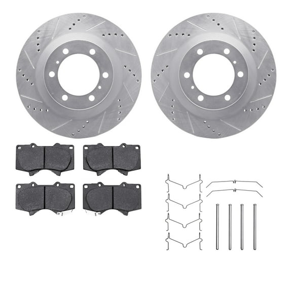Dynamic Friction Company Front Brake Rotors-Drilled and Slotted-Silver with Heavy Duty Brake Pads includes Hardware 7212-76008