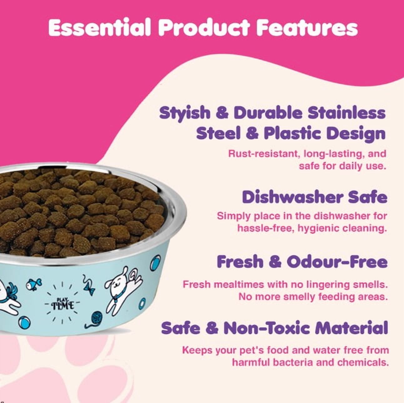 Happinesque 1Pc Stainless Steel Dog & Cat Bowl, Anti Skid, 1.5 Cups (Pale Turquoise Playtime Print)