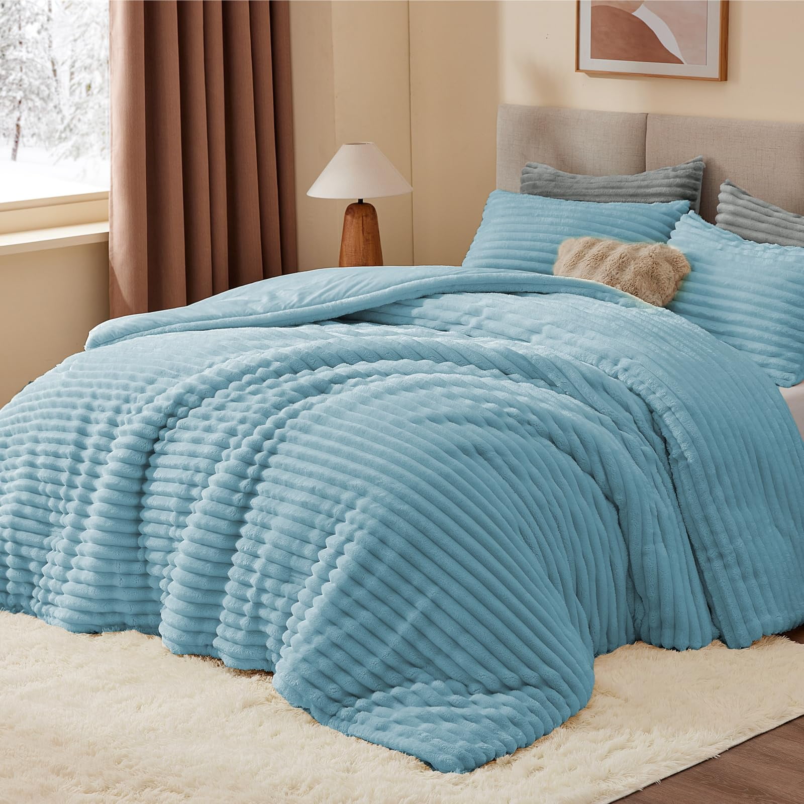 BEDELITE Fleece Queen Comforter Set -Super Soft & Warm Fluffy Light Blue Bedding, Luxury Fuzzy Heavy Bed Set for Winter with 2 Pillow Cases