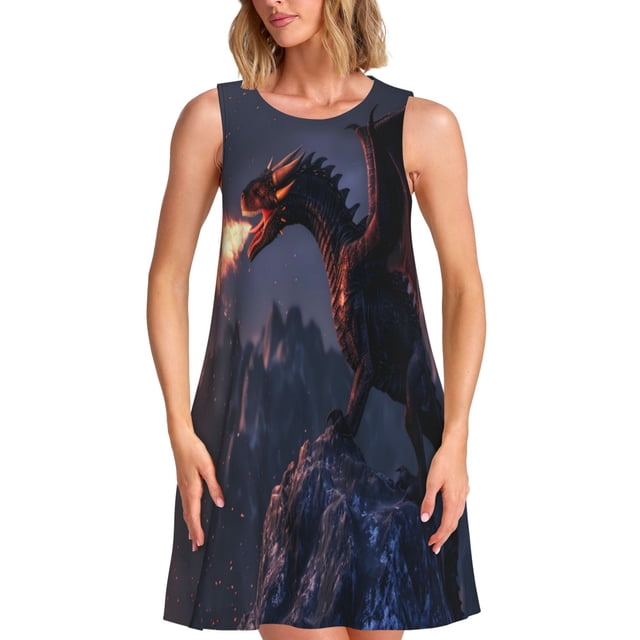 Fotbe Fire Breathing Dragon Twilight Vestido de Verano sin Mangas para Mujer – Vestido Midi Línea A, Estilo Camiseta Floral, Vestido Playero Casual y Fluido