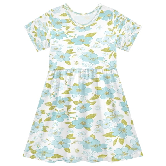 Toddler Girls Short Sleeve Summer Dress, Cute Casual Print Dress for Girls 2-8 Years, Soft Breathable Comfortable Daily Beach Party Dress Sky Blue Cherry Blossom