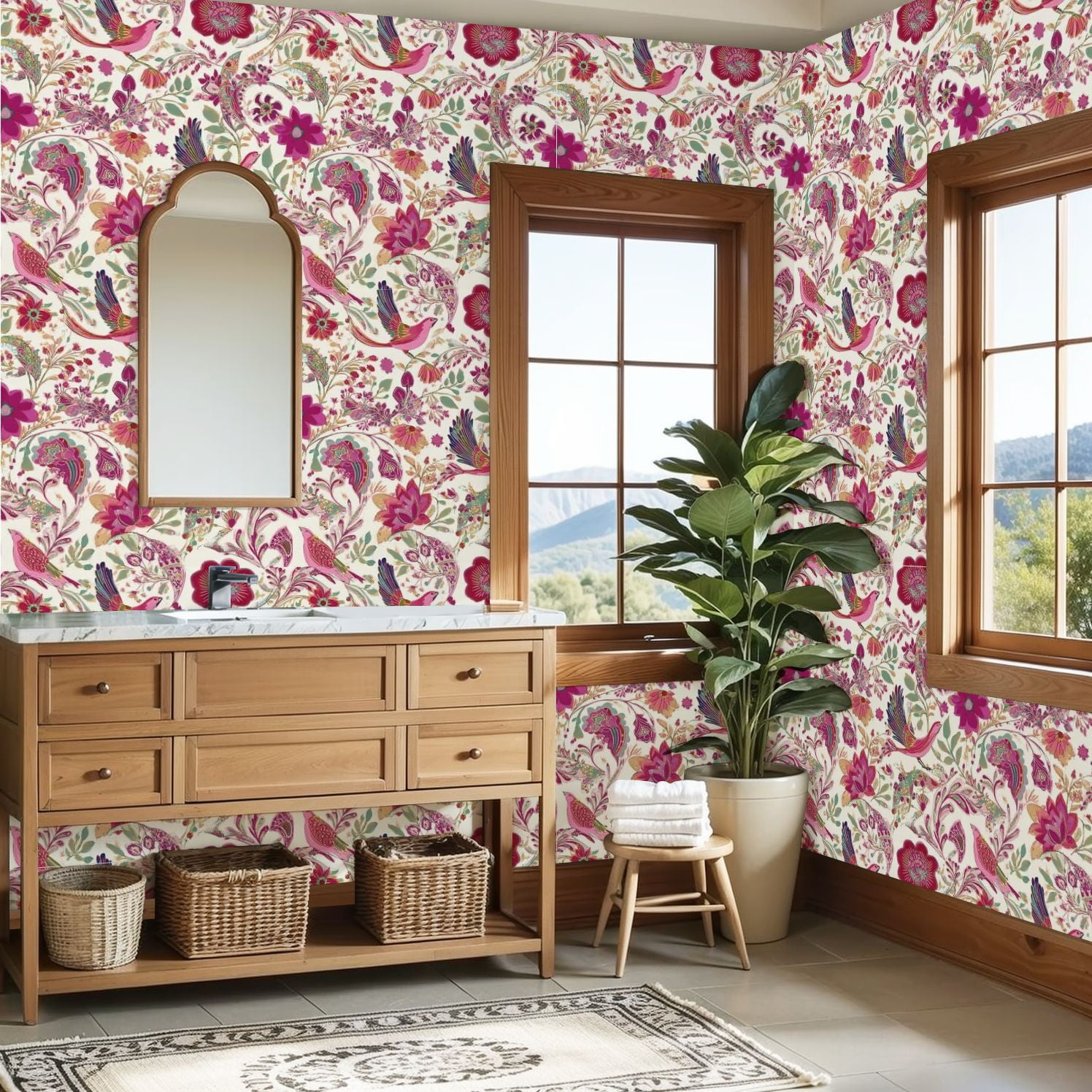 Paisley Peel and Stick Wallpaper 23.6in x 9.8ft Whimsical Floral Bird Rich Pink Purple Gold Tones Contact Paper Vinyl Waterproof Self Adhesive Wall Paper for Bedroom Shelf Cabinet Renter Friendly