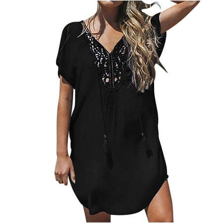 Lovskoo 2024 Swimsuit Coverup for Women Short Sleeve Plus Size Coverup Lace Crochet V Neck Bathing Suit Beach Swimwear Cover Up Dress Black 5XL
