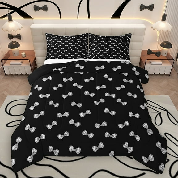 Homewish Black Princess Bow-tie Full Size Comforter Sets, Kawaii Cartoon Bowknot Bedding Comforter Set, Teens Kids Girls Women Reversible Bedding Sets, Breathable Home Decor, 3-Piece