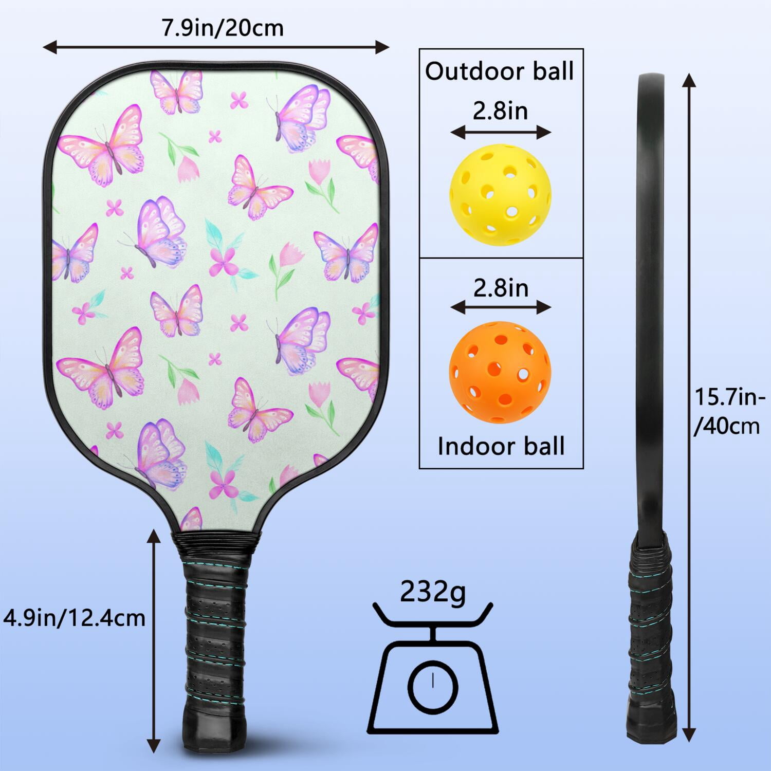 Pickleball Paddles Set Of 2, Fiberglass Surface, Vintage Floral & Butterfly, 4 Balls & Bag