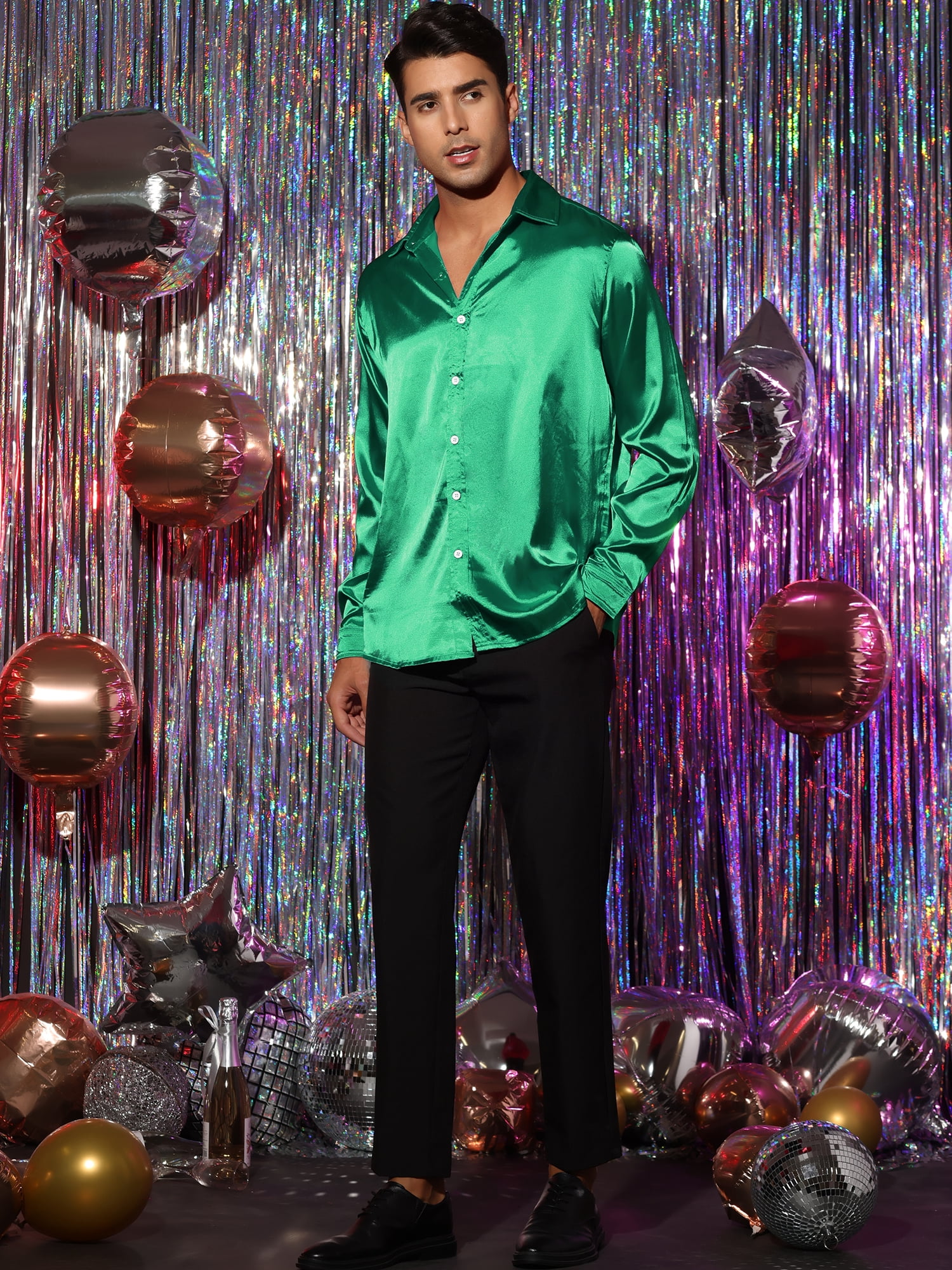 Unique Bargains Men's Satin V Neck Long Sleeves Button Down Prom Shirts 2XL Green