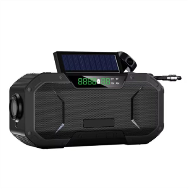 Radio Solar con Manivela, Altavoz Bluetooth, Linterna LED de Emergencia, Batería Externa, Dispositivo de Audio, Color Negro.