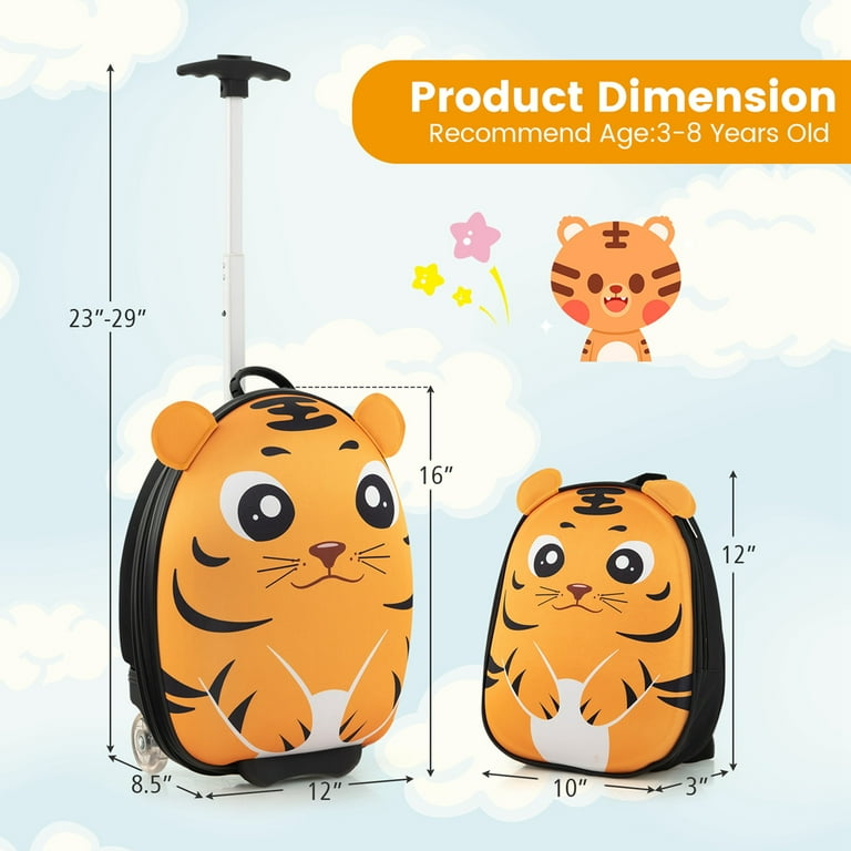 Costway 2PCS Kids Carry On Luggage Set 16'' Tiger Rolling Suitcase