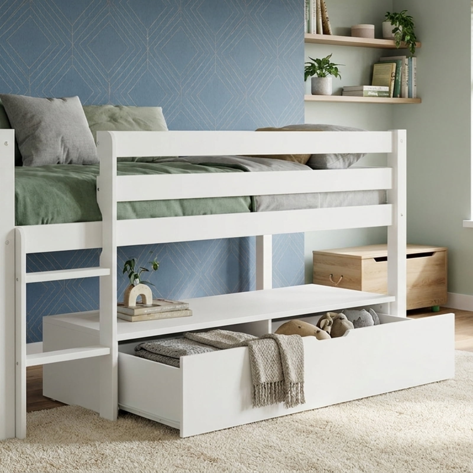 Furnibear Twin Size Low Loft Bed with 3 Drawers with Ladder and Full-length Guardrails for Bedroom, White