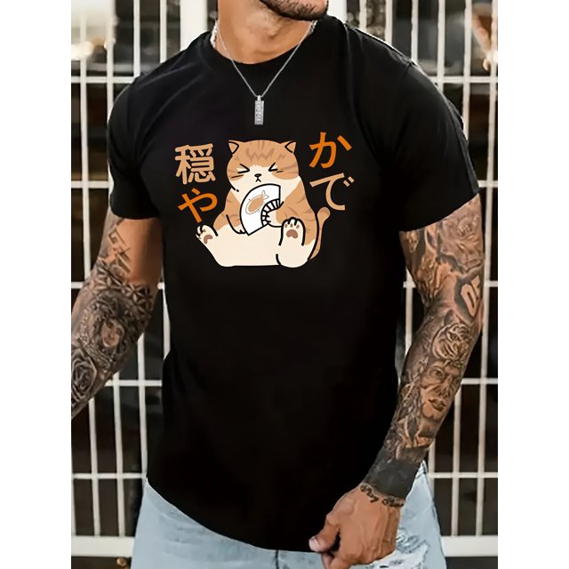 Cartoon Cat Pattern T-shirt, Men's Casual Street Style Stretch Round Neck Tee Shirt For Summer