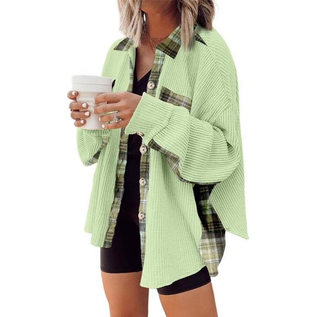 Womens Waffle Knit Plaid Shacket Boyfriend Button Down Shirt Jacket Loose Long Sleeve Tops