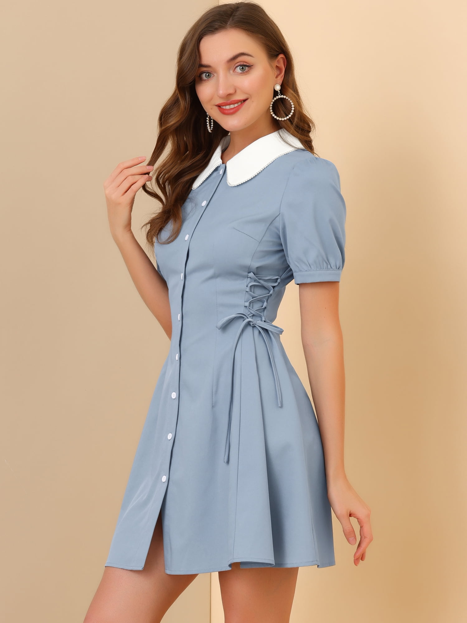 DARING DIVA Women's Contrast Button Down Lace up Dress XL Blue