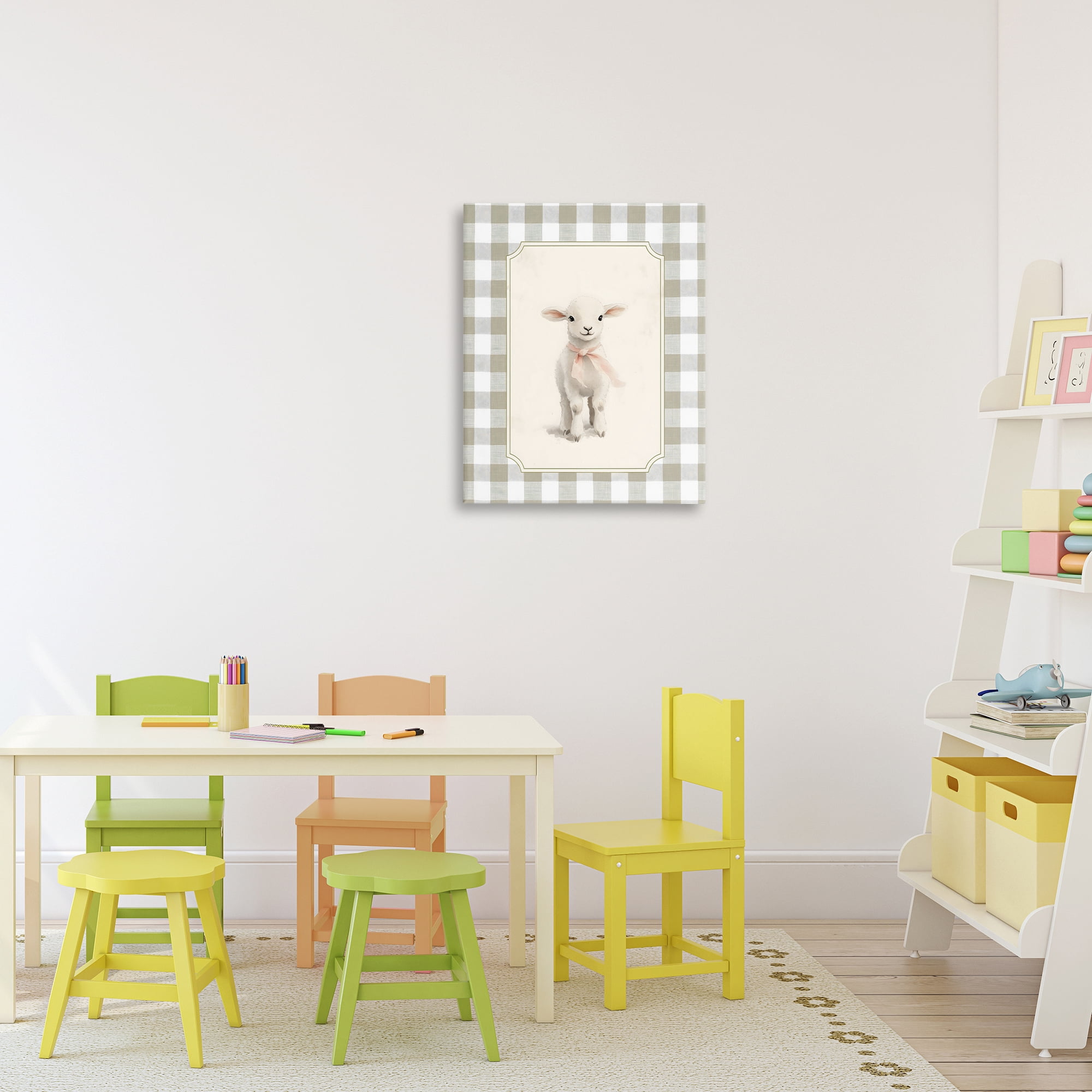 Stupell Industries Gingham Lamb with Pink Ribbon Canvas Wall Art, design by Arlington Prints