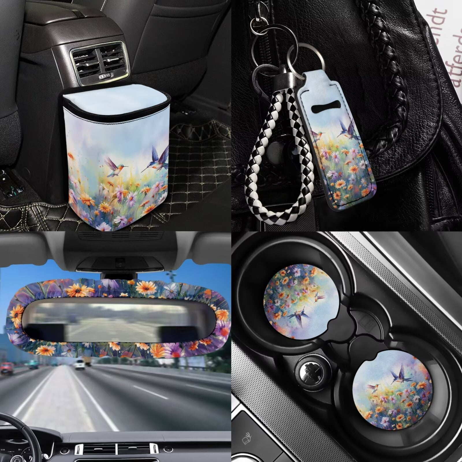 KUIFORTI Car Seat Full Set Covers Hummingbird Car Accessories for Women Front Rear Seat Covers Wrist Strap Cup Mat Seat Belt Cover Accessories for SUV Car