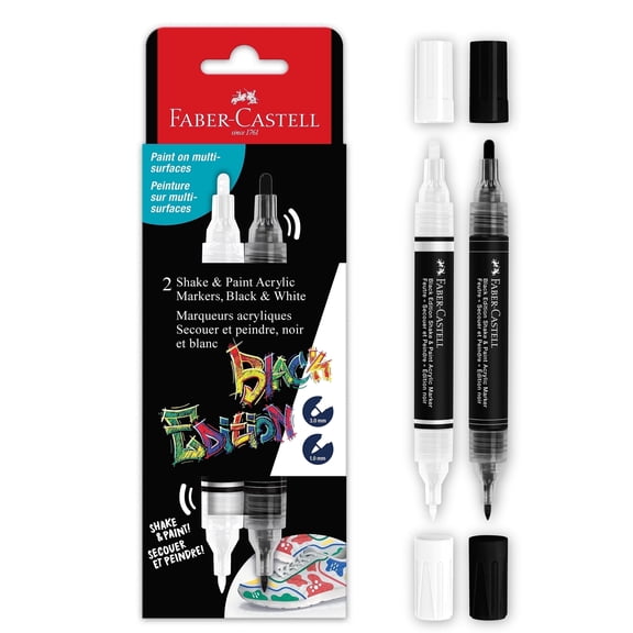 Faber-Castell Shake & Paint Markers: Black & White - 2 Dual Tip Paint Markers, Permanent Markers for Clothes, White Acrylic Paint Pen, Arts & Crafts Supplies