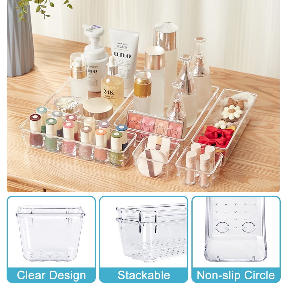 LeaderPro 32 Pcs Drawer Organizer with 5 Sizes Clear Desk Drawer Dividers Plastic Storage Containers
