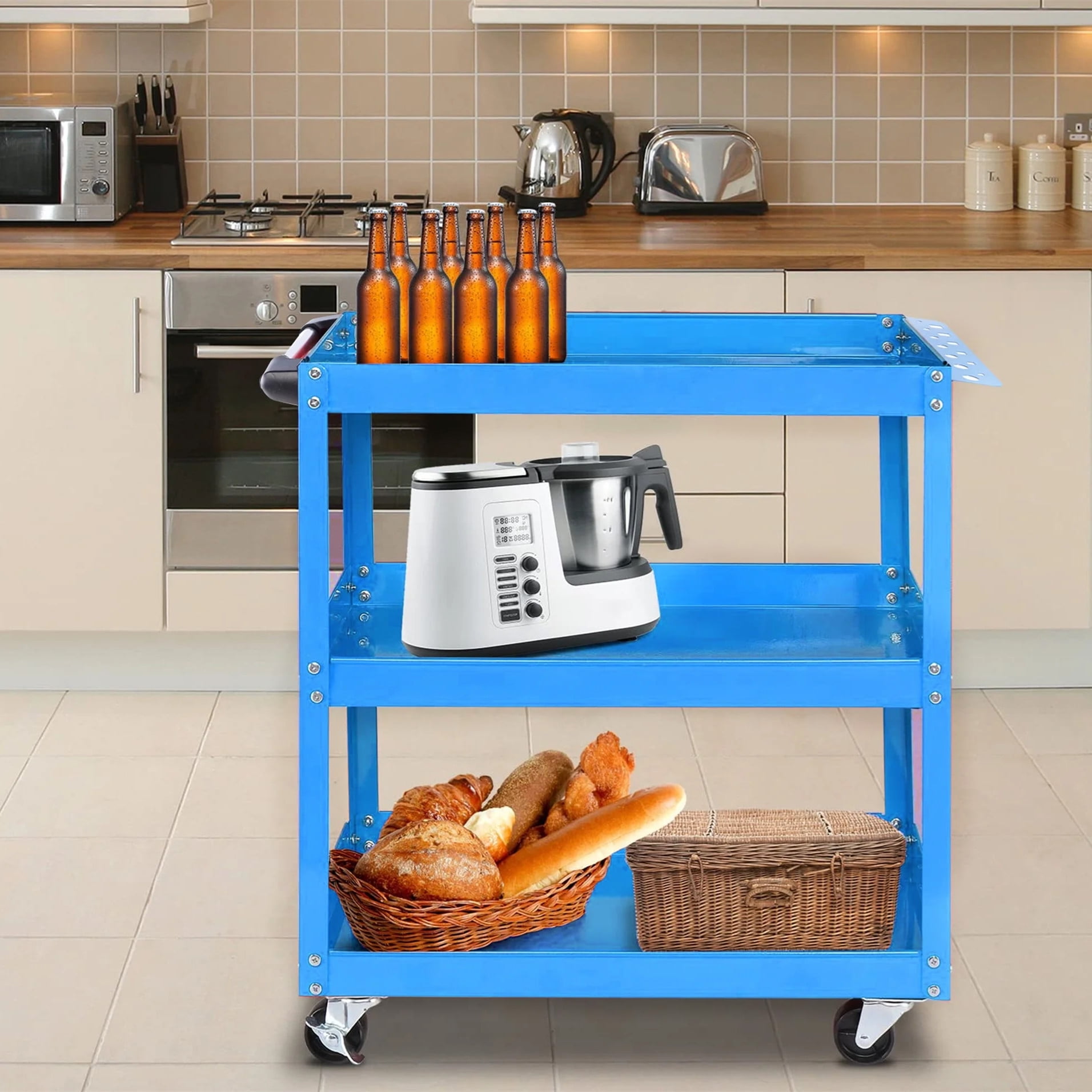 Aukfa 3-Tier Utility Cart with Wheels, Rolling Tool Cart Service Cart for Warehouse, Garage, Blue