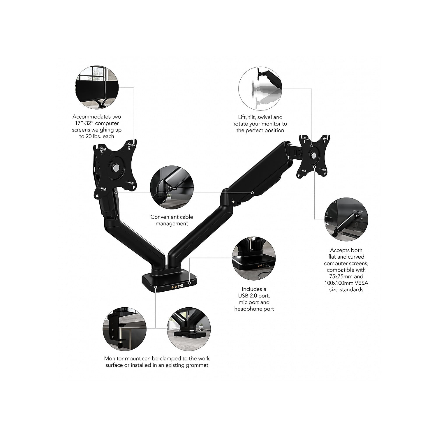 Bush Business Furniture Adjustable Dual Monitor Arm with USB in Black - Steel