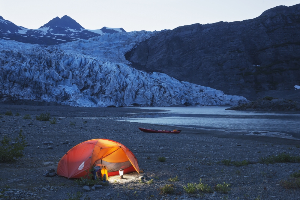 Glowing tent and kayak on the beach in front of Shoup glacier and mountains at dusk Shoup Bay State Marine Park Prince William Sound Valdez Southcentral Alaska Canvas Art - Kevin Smith Design Pics (3
