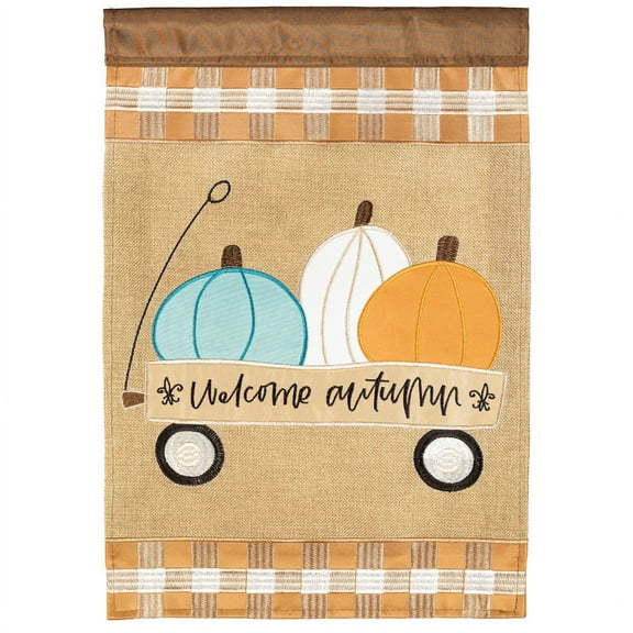 Magnolia Gardens M011658 13 x 18 in. Welcome Autumn Wagon Fleur De Lis Burlap Garden Flag