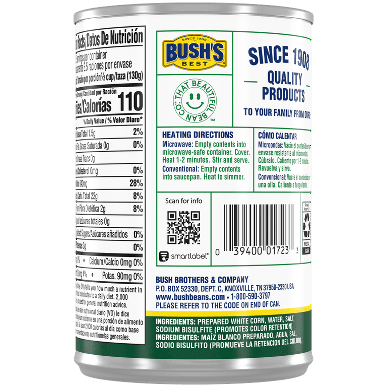 Bush's White Hominy Food Corn, Canned, Shelf Stable, 15.5 oz
