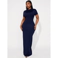 thumbnail image 5 of Plus Size Women's Solid Color Round Neck Short Sleeve Fitted Elegant Maxi Dress, 5 of 6