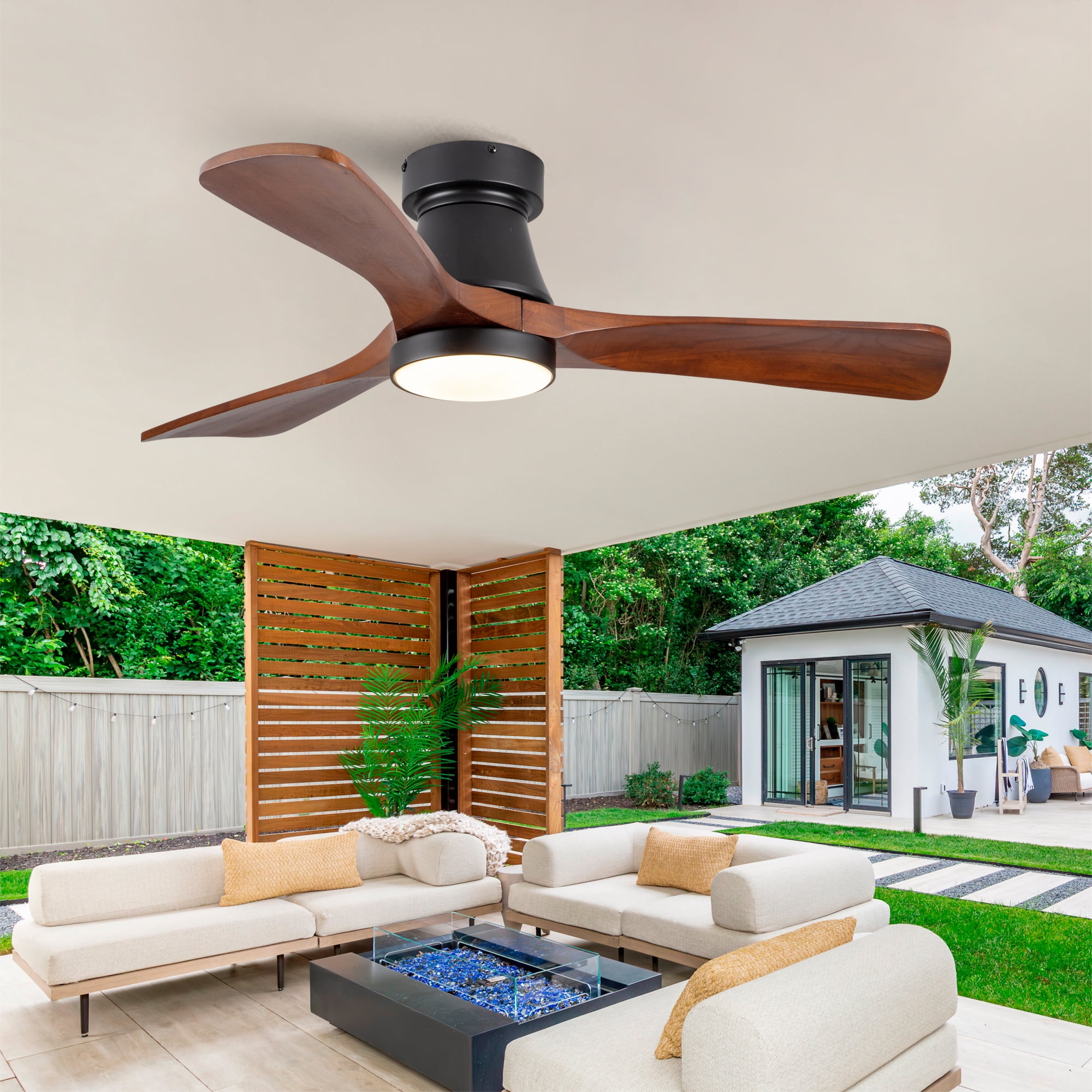 Ceiling Fan with Lights, 42 Inch Dimmable LED Reversible DC Motor Flush Mount Fan for Indoor Outdoor Bedroom, Black Dark Walnut