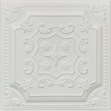 20x20 Styrofoam Ceiling Tiles Glue-Up Decorative Panels for Easy DIY Install, Home & Basement Renovation. R52 Embossed Floral, Plain White, Lot/8