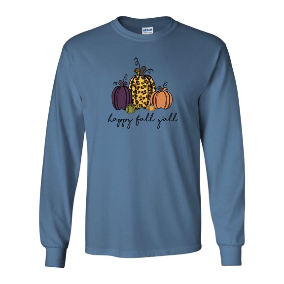 Cute Pumpkin Happy Fall Y'all Unisex Adult Long Sleeve T-shirt-Indigo-small