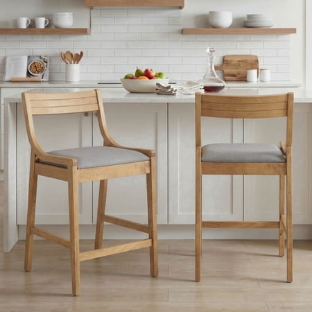 Dayalane Modern Farmhouse Bar Stools Set of 2, 26”Counter Height Bar Stools with Slatted Back, Chenille Upholstered & Solid Wood Legs Barstools for Kitchen Island Dining Rooms and Home Bars, Gray
