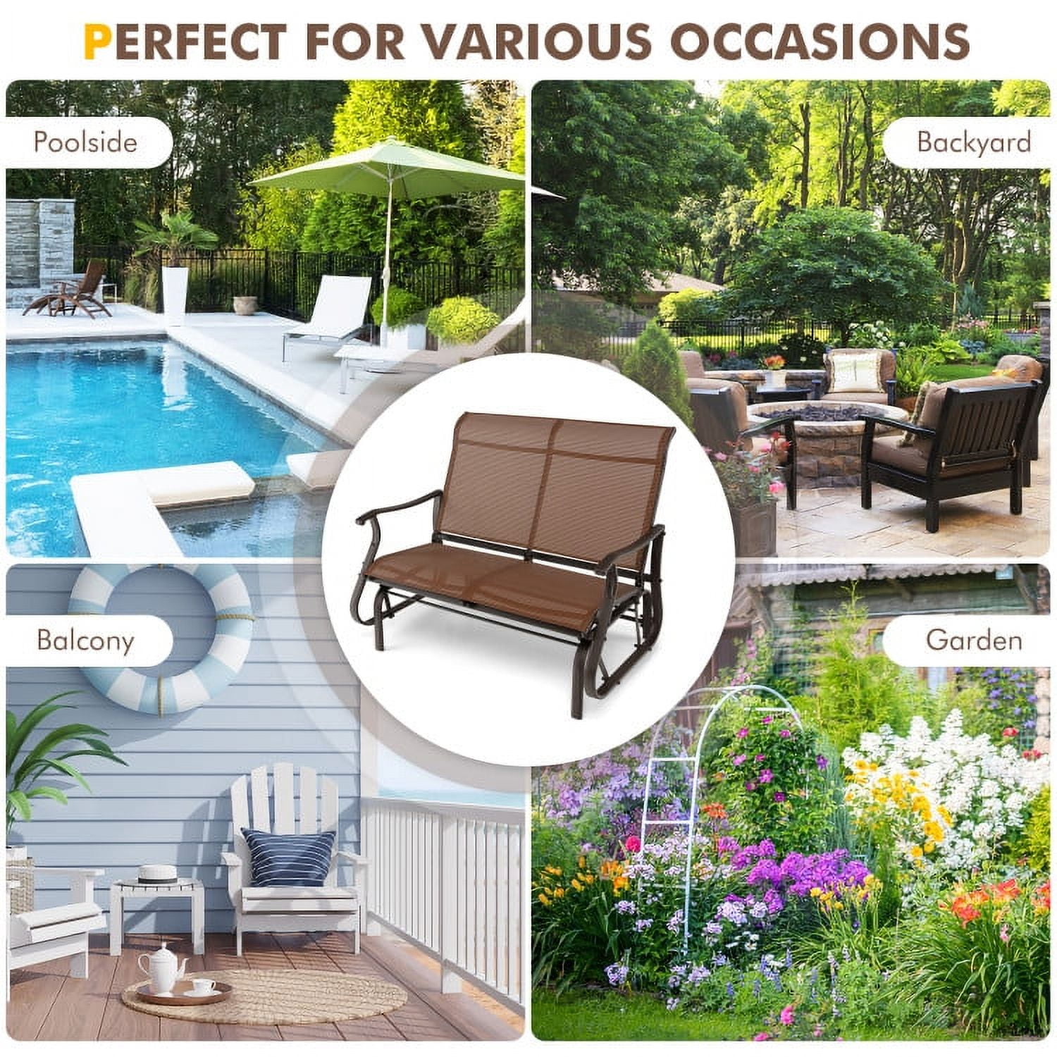 Aimee Lii Double Chair Outdoor, Patio Glider Bench, Porch, Backyard, Sturdy, Brown Aimee Lii Double Chair Outdoor, Patio Glider Bench, Porch, Backyard, Sturdy, Brown