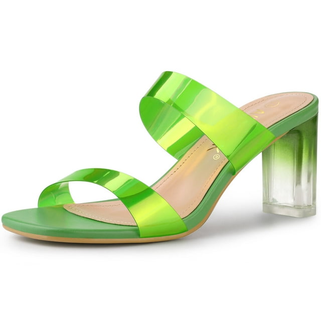 BLISSFUL STEP Sandales à Talon Épais à Brides Colorées pour Femme, Talons Transparents, Vert, US 9