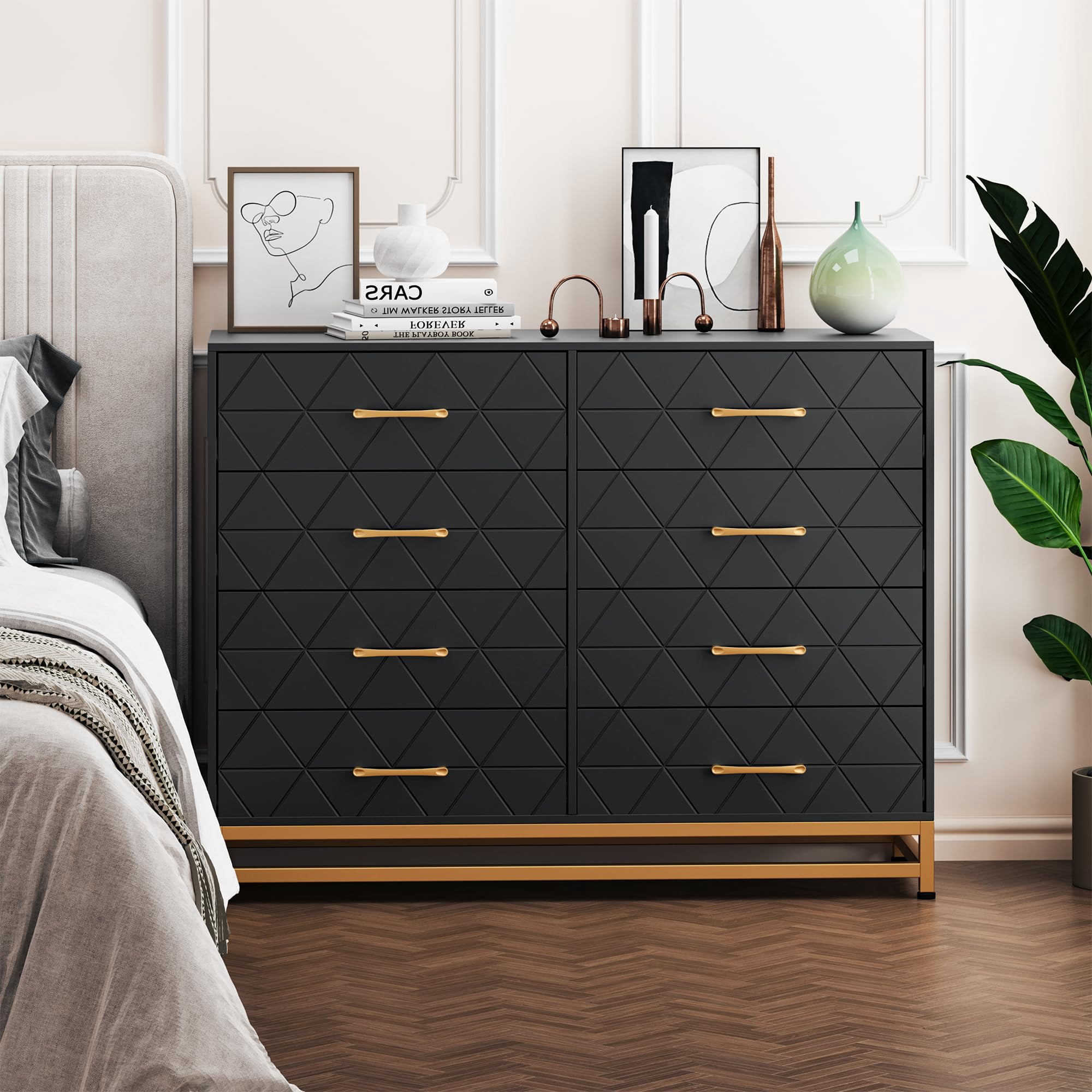 Dresser for Bedroom, Black Dresser with 8 Drawers, Dressers & Chests of Drawers, Metal Handle, Modern Design Dresser Wooden Dressers for Bedroom, Living Room, Long Nightstand (Black)
