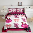 thumbnail image 2 of Pink Kawaii Cowgirl Bedding Comforter Sets Queen Teen Women,Western Cowboy Boots Hat Bedding Set Cute Bowknot Pumpkin Comforter Set,Plaid Decor Quilt Duvet 2 Pillow Cases, 2 of 7