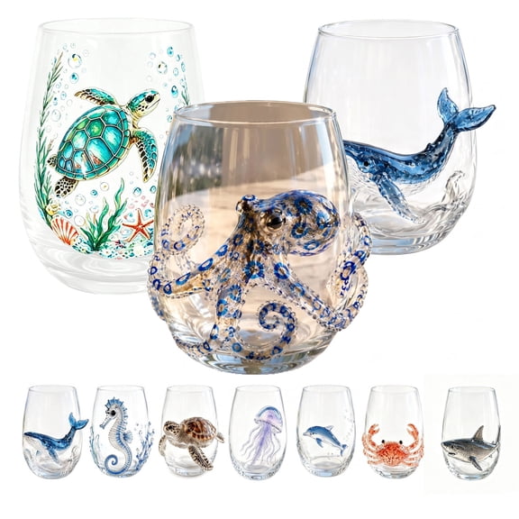 Artisanal Blue Ringed Octopus Glassware Handcrafted Stemless Wine Glass with 3D Tentacles, Marine Animal Bar Glass for Coastal Home Decor, One Size